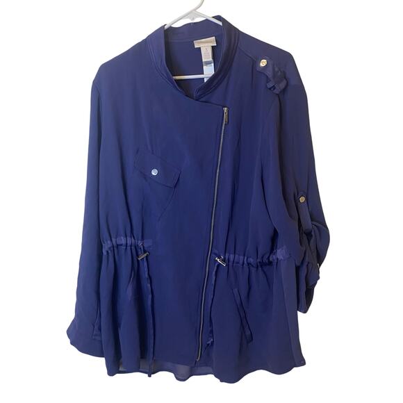 Chicos Blue Sheer Back Anorak Jacket Womens Size 3 (XL) Roll Tab Sleeve Full Zip - Picture 1 of 13